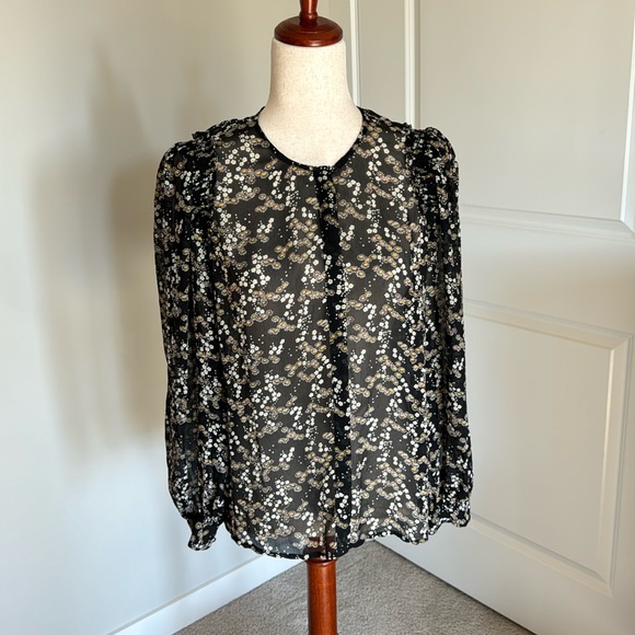 Paige Ambrosine Silk Blouse Black Yellow White Floral Sheer button down small - Picture 2 of 13